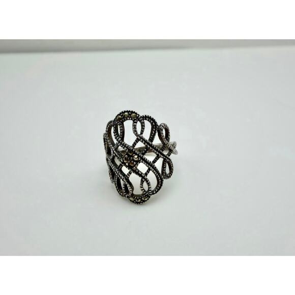 Sterling Silver 925 Filigree Marcasite Ring – Size 7 Vintage Statement Jewelry - Picture 3 of 5
